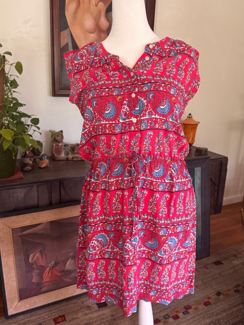 LOFT Petite Red Paisley Boho Dress LP Cap Sleeve Tie Waist Flowy